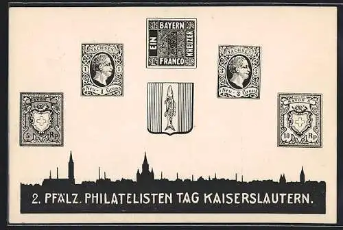 AK Kaiserslautern, 2. Pfälz. Phitalelisten Tag, verschiedene Briefmarken und Stadtsilhouette
