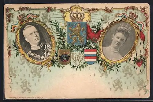 Lithographie Königin Wilhelmina von den Niederlanden und ihr Gemahl, Wappen, Krone