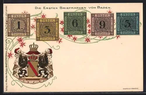 AK Die ersten Briefmarken von Baden, Wappen und Krone