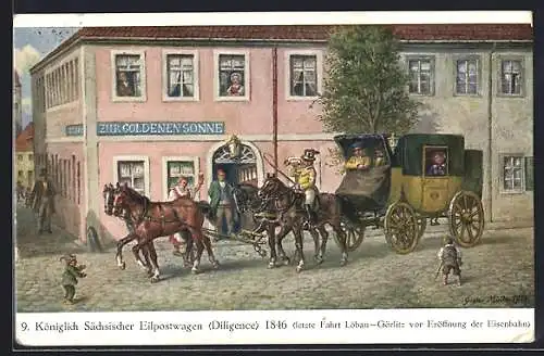 Künstler-AK Gustav Müller: Sächsische Post, Bild Nr. 9, Königlich Sächsischer Eilpostwagen (Diligence), 1846