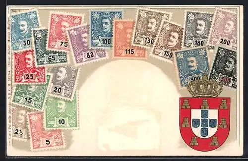 AK Portugische Briefmarken und Wappen