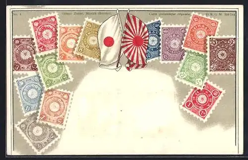 AK Japan, verschiedene bunte Briefmarken, Flaggen