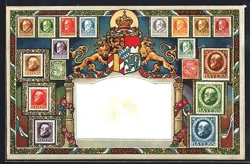 AK Briefmarken aus Bayern, Wappen mit Löwen