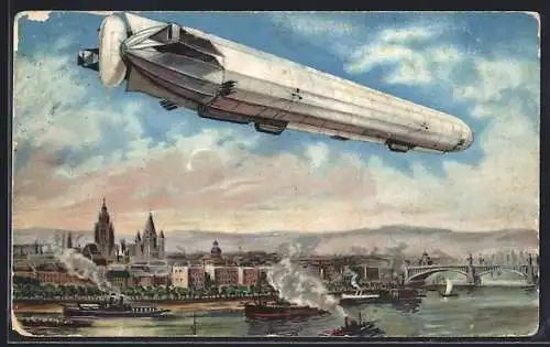 Künstler-AK Leipzig, Zeppelin über der Stadt