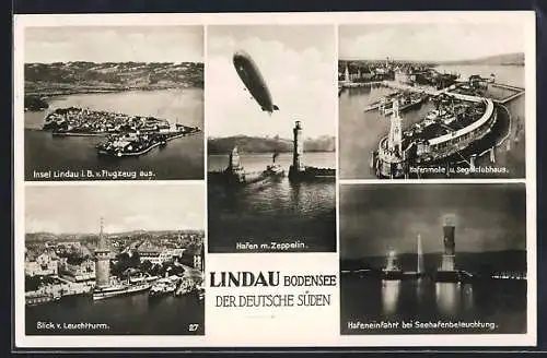 AK Lindau i. B., Fliegeraufnahme, Leuchtturm, Hafeneinfahrt mit Zeppelin