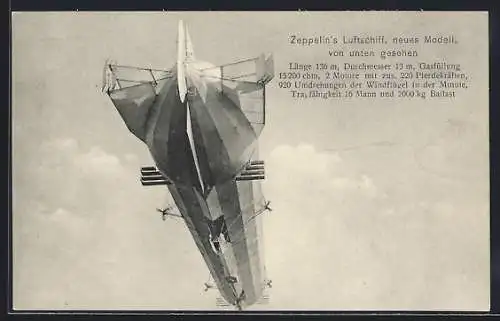 AK Zeppelin`s Luftschiff, neues Modell, von unten gesehen