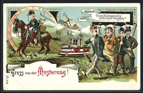 Lithographie Gruss von der Musterung - Reitende Gebirgsmarine, Soldatenhumor