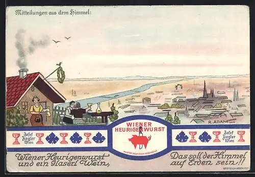 Künstler-AK R. Adam: Wiener Heurigenwurst, Blick über die Stadt vom Weingarten aus, Reklamekarte