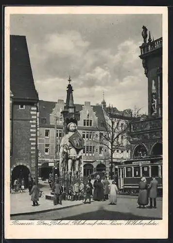 AK Bremen, Erste Deutsche Kolonialbriefmarken-Ausstellung 1929, Roland und Strassenbahn