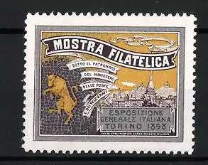 Reklamemarke Torino, Mostra Filatelica, Löwe und Stadtansicht 1928