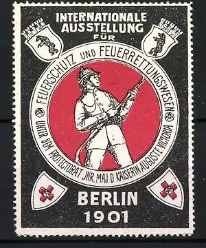 Reklamemarke Berlin, Internationale Ausstellung für Feuerschutz, Feuerwehrmann, 1901