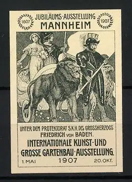 Reklamemarke Mannheim, Jubiläums-Ausstellung 1907, Löwe und Figuren