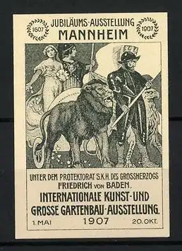 Reklamemarke Mannheim, Internationale Kunst- und Gartenbau-Ausstellung 1907, Löwe und historische Figuren