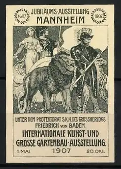 Reklamemarke Mannheim, Internationale Kunst- und Gartenbau-Ausstellung 1907, Löwe und Figuren