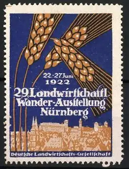 Reklamemarke Nürnberg, 29. Landwirtschaftl. Wander-Ausstellung 1922, Ähren und Stadtansicht