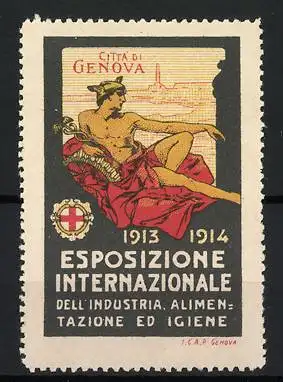 Reklamemarke Genova, Esposizione Internazionale 1913-1914, Symbol: sitzende Figur mit rotem Tuch