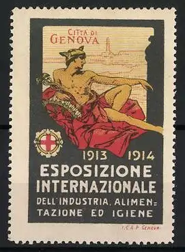 Reklamemarke Genua, Esposizione Internazionale 1913-1914, Figur mit Hintergrundansicht von Genua