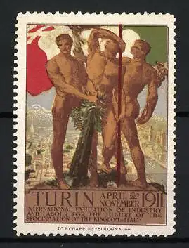 Reklamemarke Turin, International Exhibition of Industry 1911, Drei Männerfiguren