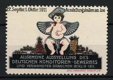 Reklamemarke Berlin, Ausstellung Konditoren-Gewerbe 1911, Engel mit Süssigkeiten