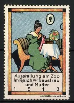 Künstler-Reklamemarke Michaelis, Berlin, Ausstellung am Zoo 1931, Frau beim Stricken