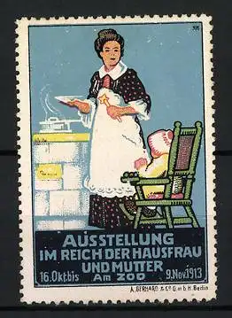 Künstler-Reklamemarke Michaelis, Berlin, Ausstellung im Reich der Hausfrau und Mutter, Frau mit Kind und Wiege, 1913