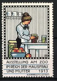 Künstler-Reklamemarke Michaelis, Berlin, Ausstellung am Zoo 1913, Frau in Küche