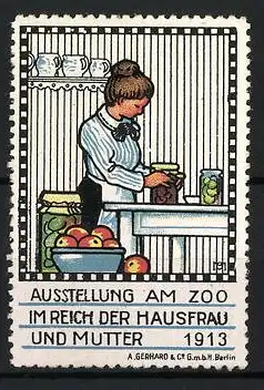 Künstler-Reklamemarke Michaelis, Berlin, Ausstellung am Zoo, Hausfrau in Küche, 1913