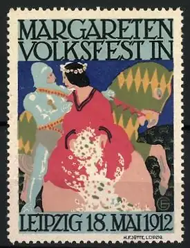 Reklamemarke Leipzig, Margareten Volksfest, Figurenpaar mit Pferd, 18. Mai 1912