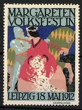 Reklamemarke Leipzig, Margareten-Volksfest, Tänzerin und Ritter in Rüstung, 1912