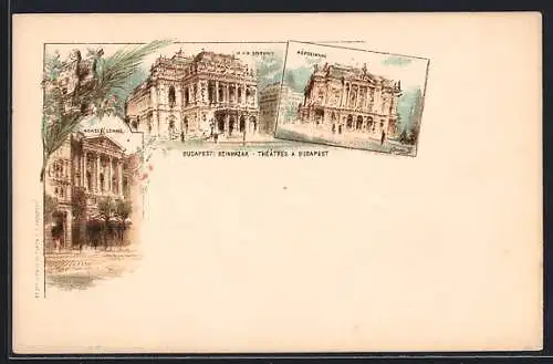 Lithographie Budapest, Budapesti Szinházak, Nemzet Szinház, M. Kir. Operahez, Népszinház