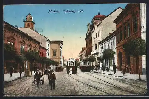 AK Miskolc, Szechenyi utca, Strassenbahnen