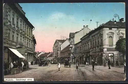 AK Miskolc, Széchényi utca, Strassenbahn