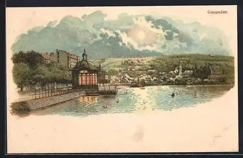 Lithographie Gmunden, Promenade mit Pavillon