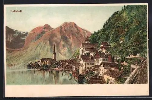 Lithographie Hallstatt, Ortsansicht am Bergsee