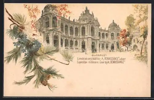 Lithographie Budapest, Exposition millénaire 1898, Cour style Renaissance