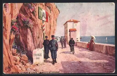 AK Menton, Le Pont St. Louis, Le Poste de Douane, Grenze, Fahrrad