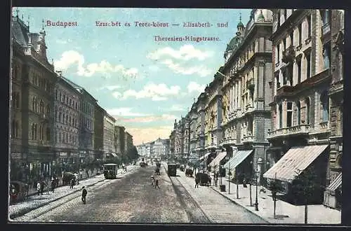 AK Budapest, Elisabeth- und Theresien-Ringstrasse mit Strassenbahn