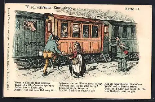 AK schwäb`sche Eisenbahn mit Passagieren in schwäbischer Tracht