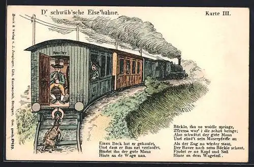 AK D` schwäb`sche Eise`bahne, Raucher blickt aus dem Raucherwaggon zu seinem am Ende des Wagens angebundenen Bock