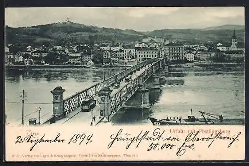 AK Linz, Urfahr mit Pöstlinsgberg, Brücke und Strassenbahn