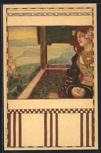 Künstler-AK junge Frau im Mieder auf einem Aussichtsturm, Jugendstil