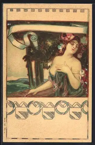 Lithographie Frau präsentiert ihr Decollete, Jugendstil