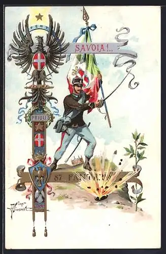 Lithographie Italienischer Soldat des Regiments, 87 Fanteria, Savoia!