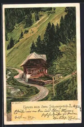 Künstler-AK Hermann Daur: Schwarzwaldhaus im Tal am Bergfuss