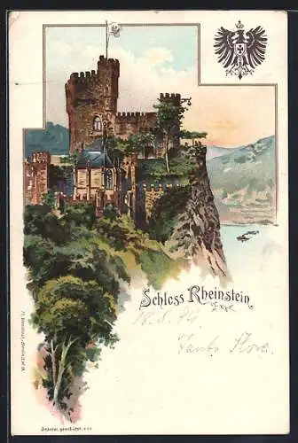 Lithographie Trechtingshausen, Deutschland Fahrräder von Aug. Stukenbrok, Schloss Rheinstein