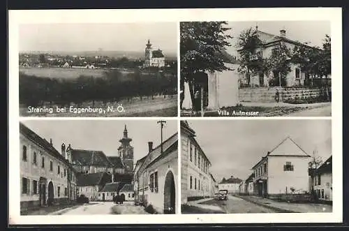 AK Straning bei Eggenburg, Villa Aufmesser, Strassenpartie mit Kirche, Ortsansicht aus der Ferne