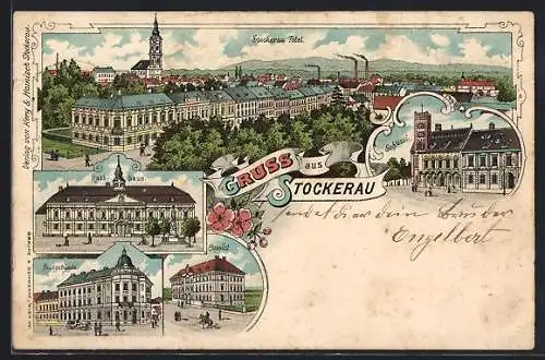 Lithographie Stockerau, Totalansicht, Schlössl, Rathaus, Postgebäude und Convict