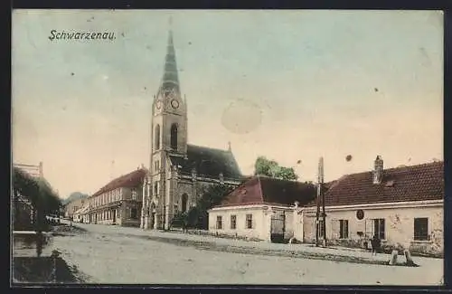 AK Schwarzenau / Waldviertel, Strassenpartie an der Kirche