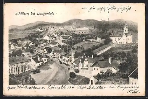 AK Schiltern bei Langenlois, Ortsansicht mit Strasse u. Bergpanorama aus der Vogelschau