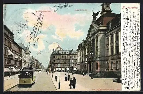 AK Karlsruhe, Kaiserstrasse mit Hauptpost und Strassenbahn der Linie 27